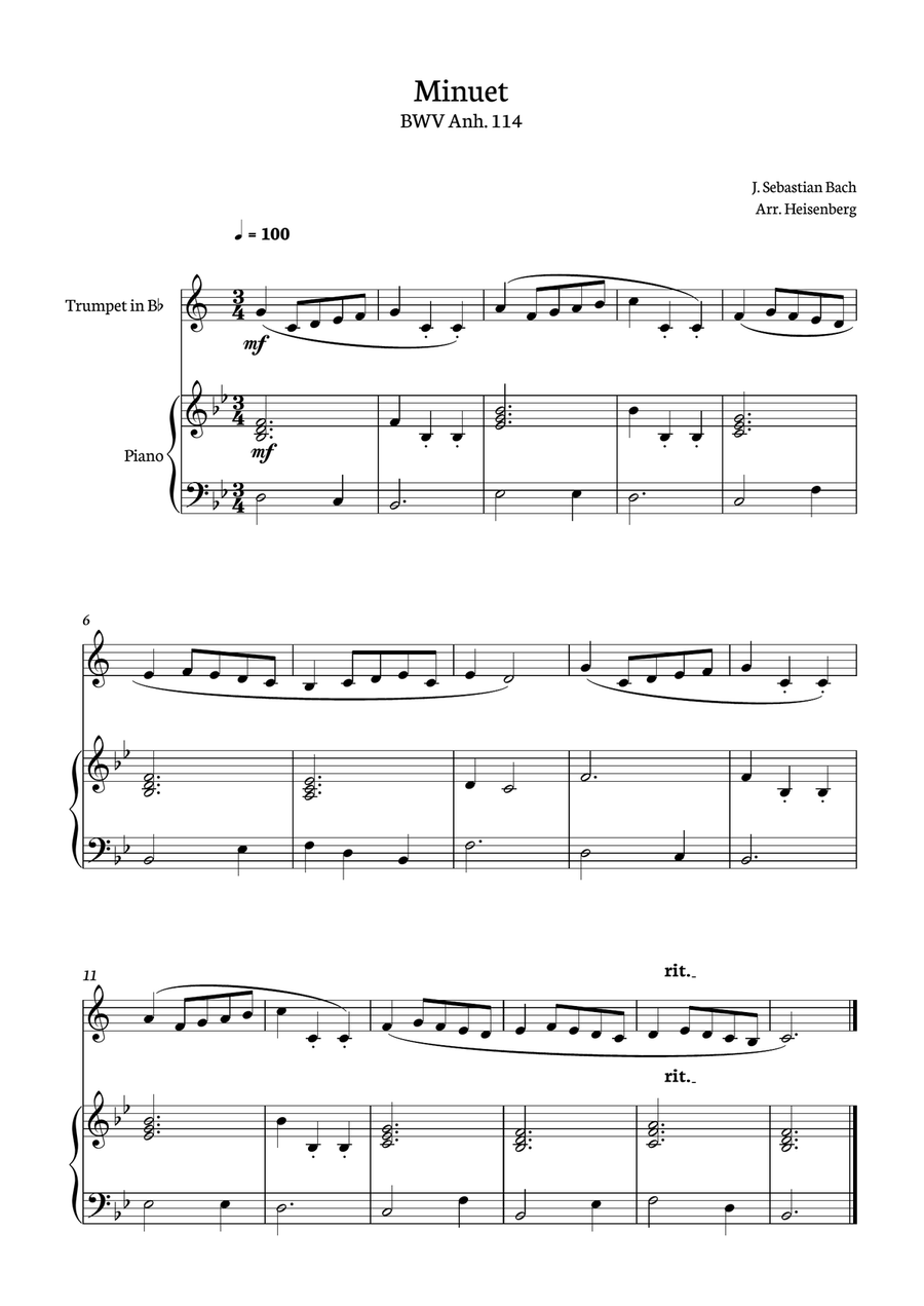 Minuet - Bach for Trumpet solo with piano. B-Flat Trumpet scores gallery preview page 1