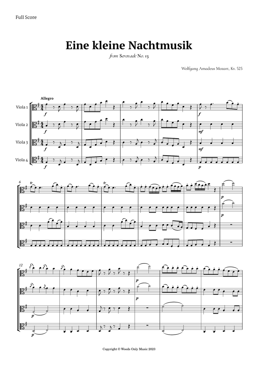 Eine kleine Nachtmusik by Mozart for Viola Quartet String Quartet scores gallery preview page 1