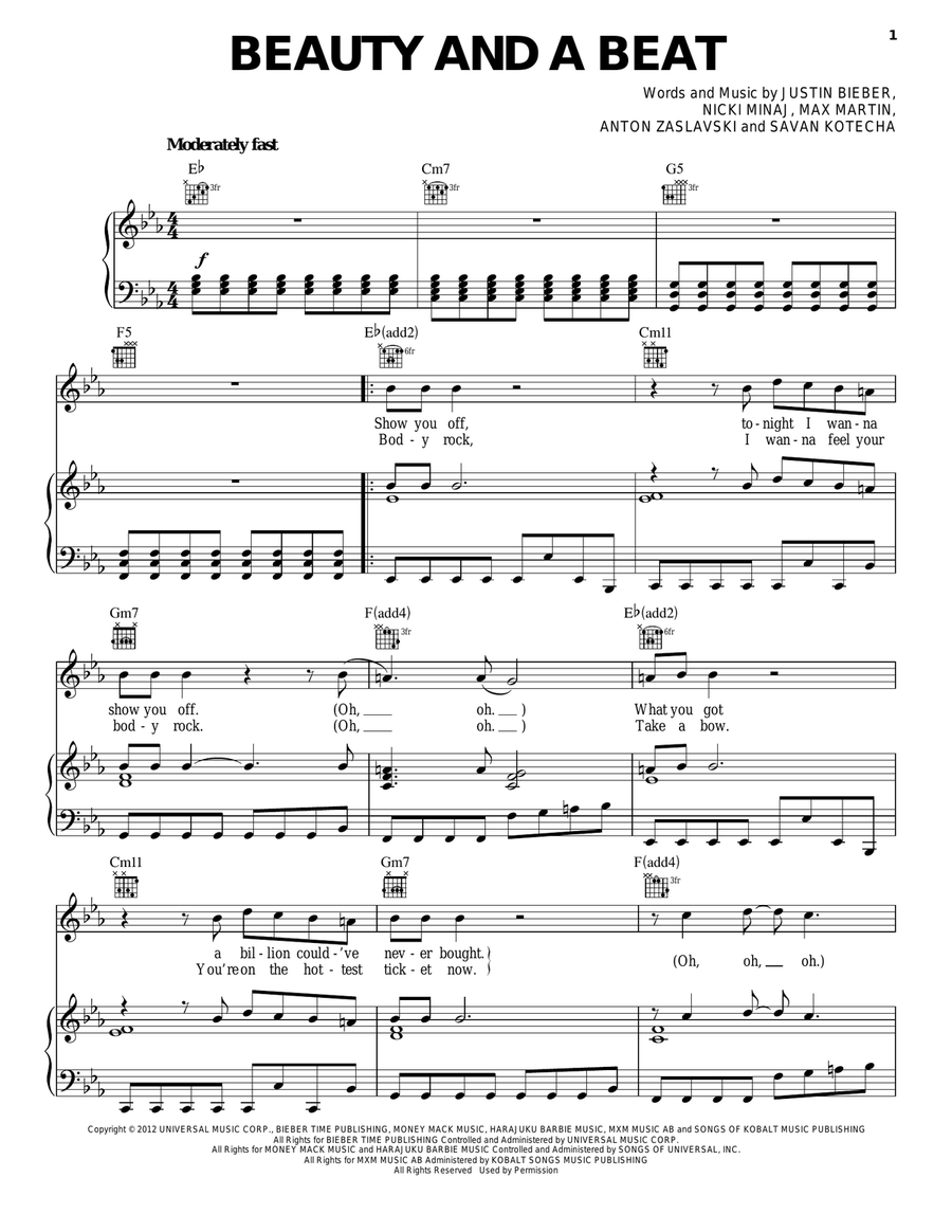 Beauty And A Beat Beauty And A Beat Piano, Vocal, Guitar scores gallery preview page 1