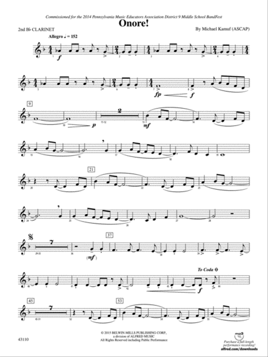 Onore!: 2nd B-flat Clarinet Concert Band scores gallery preview page 1