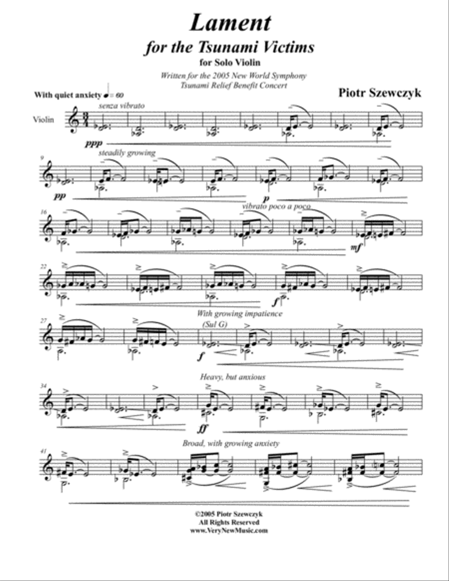 Lament for the Tsunami Victims for Solo Violin Violin Solo scores gallery preview page 1