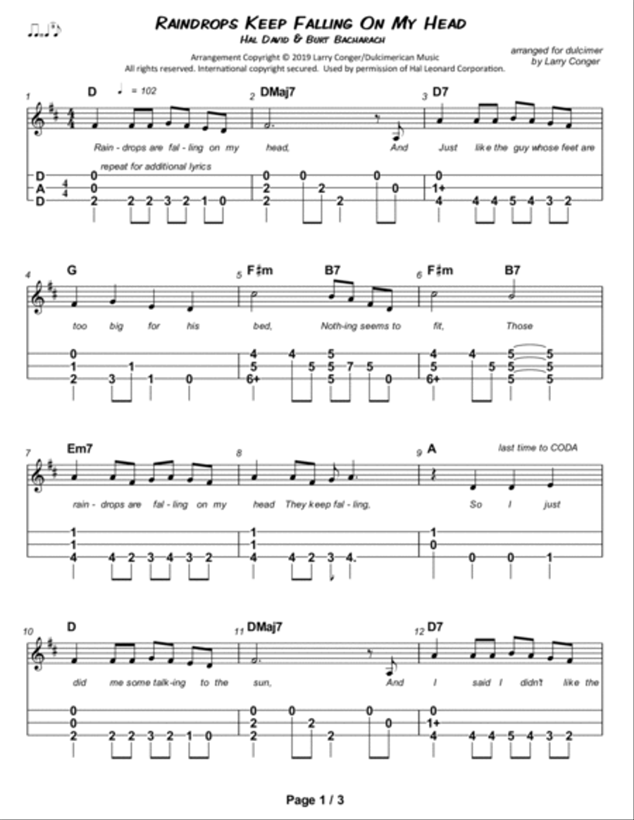 Raindrops Keep Fallin' On My Head Dulcimer scores gallery preview page 2