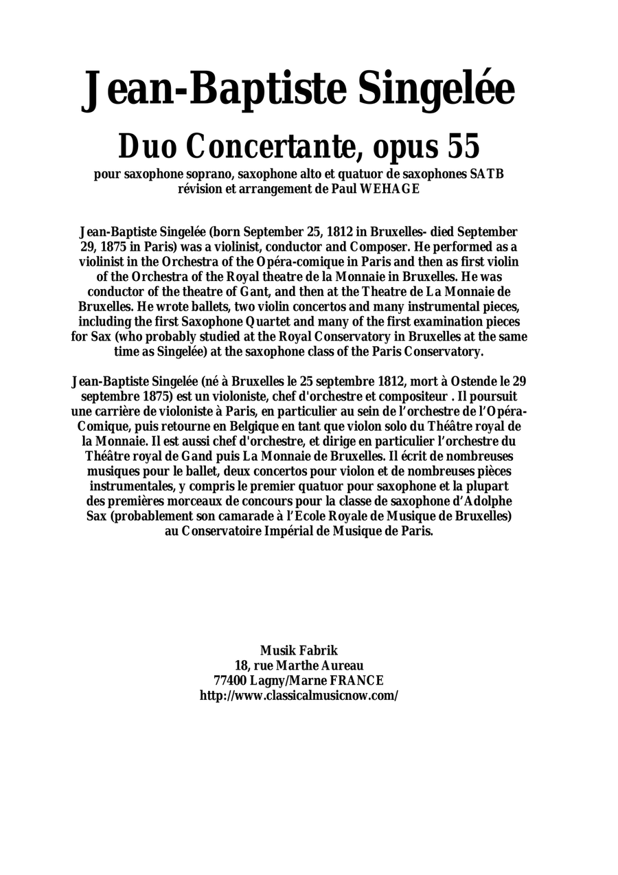 Jean-Baptiste Singelée Duo Concertante, Opus 55 arranged for soprano saxophone, alto saxophone and S Woodwind Quartet scores gallery preview page 1