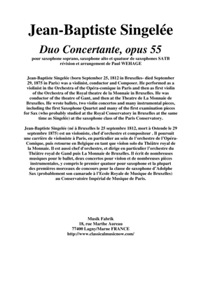 Book cover for Jean-Baptiste Singelée Duo Concertante, Opus 55 arranged for soprano saxophone, alto saxophone and S
