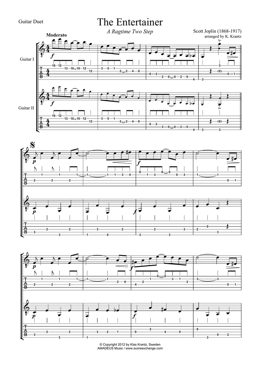 The Entertainer (abridged) for easy guitar duo (+TAB) image number null