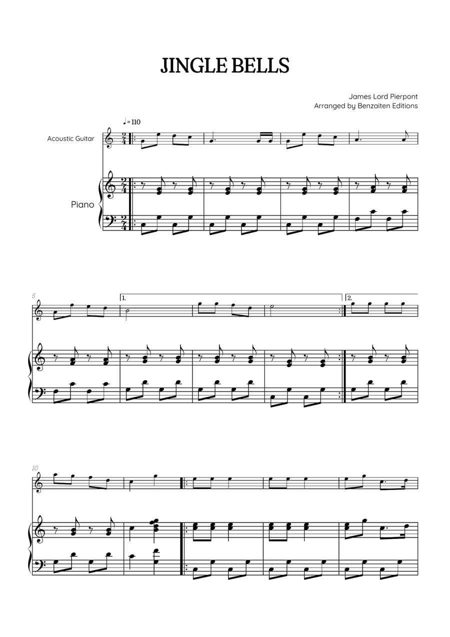 Jingle Bells • Christmas Song | acoustic guitar sheet music w/ piano accompaniment Acoustic Guitar scores gallery preview page 1