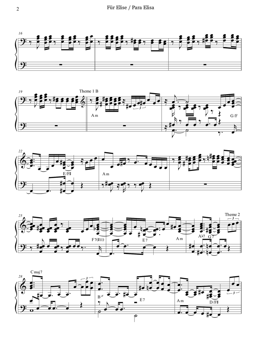 L. V. Beethoven - Für Elise / Para Elisa - Jazz piano version - Advanced Intermediate. Piano Solo scores gallery preview page 2