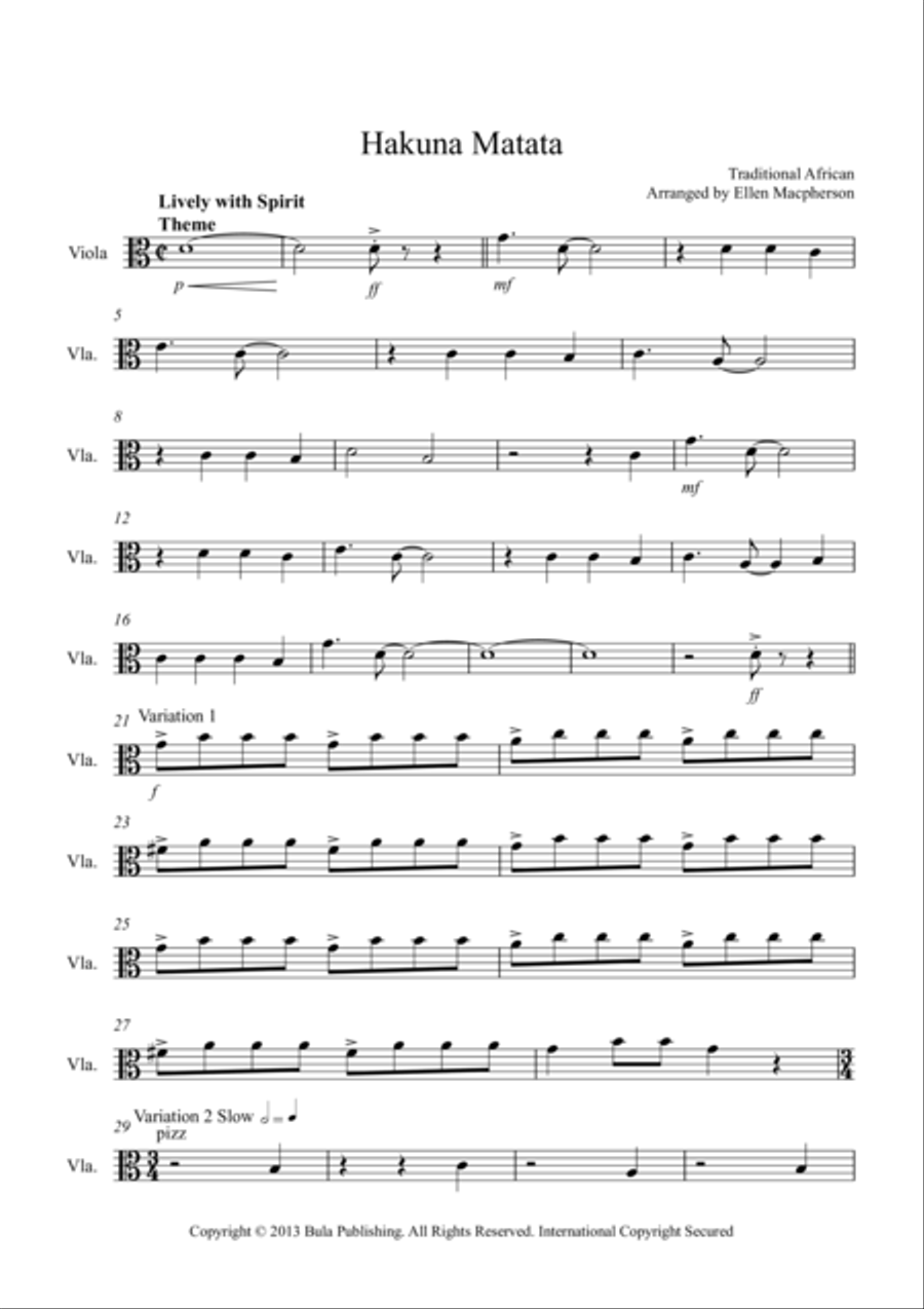 Hakuna Matata Theme & Variation - Easy String Quartet - Viola String Quartet scores gallery preview page 1