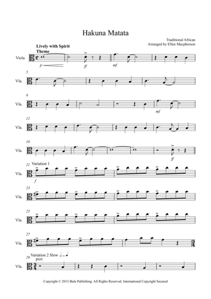 Hakuna Matata Theme & Variation - Easy String Quartet - Viola image number null