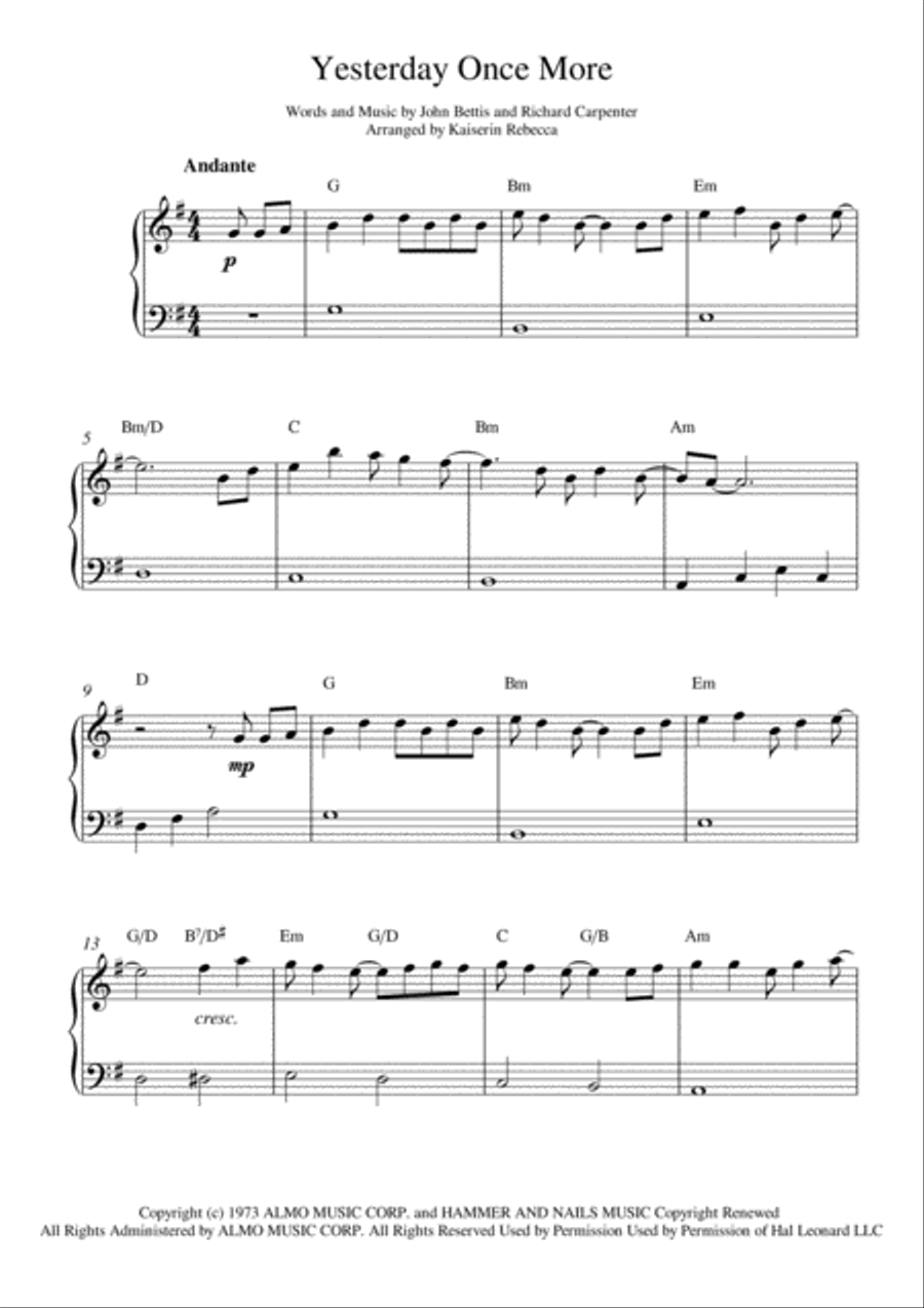 Yesterday Once More Yesterday Once More Easy Piano scores gallery preview page 1