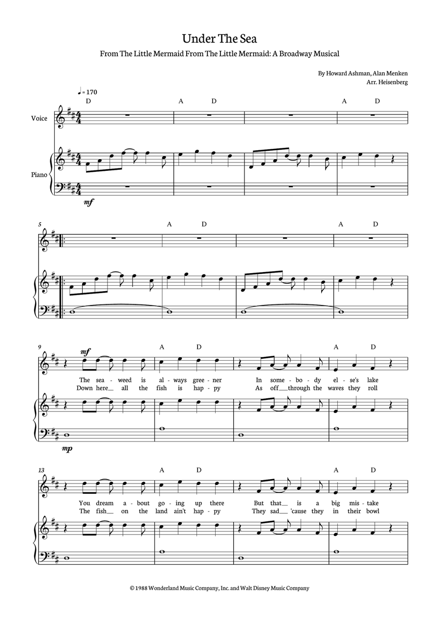 Under The Sea Piano, Vocal scores gallery preview page 1