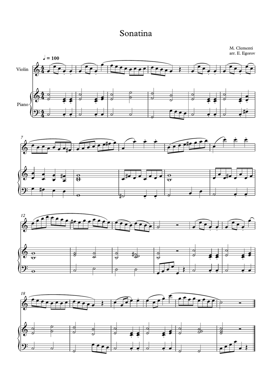 Sonatina (In C Major), Muzio Clementi, For Violin & Piano Violin Solo scores gallery preview page 1