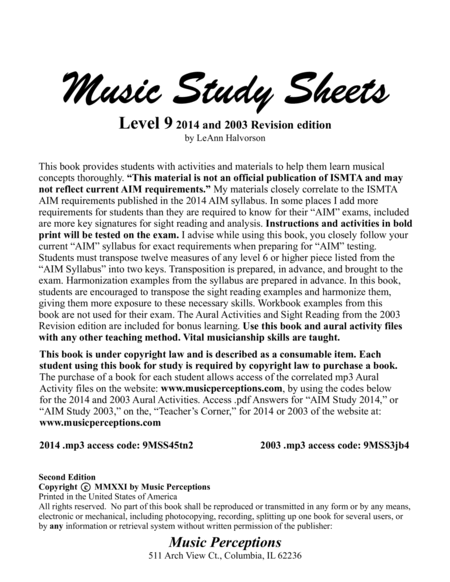Music Study Sheets Level 9 2014 and 2003 Revision edition