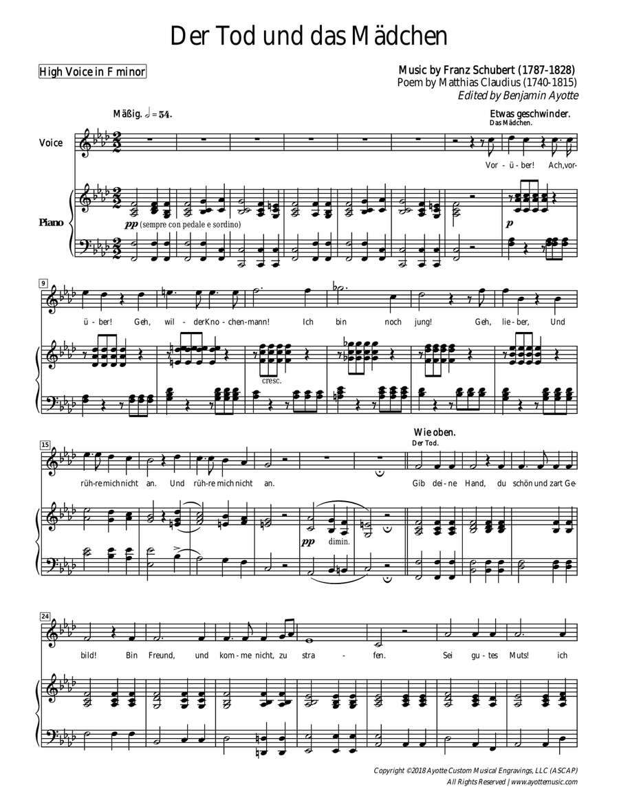 Schubert - Der Tod und das Madchen - High Voice in F minor High Voice scores gallery preview page 1