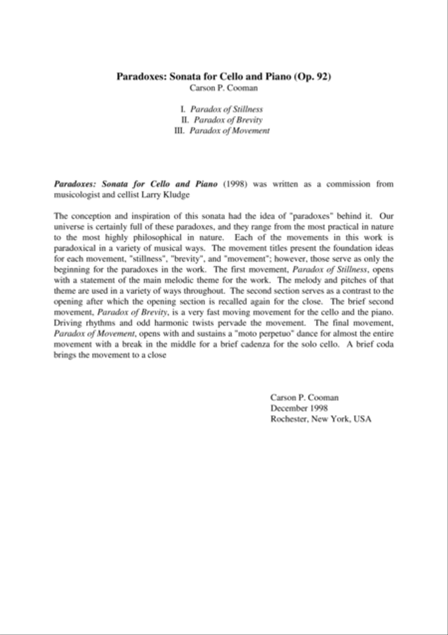 Carson Cooman: Paradoxes: Sonata for Cello and Piano (1998) Piano scores gallery preview page 1