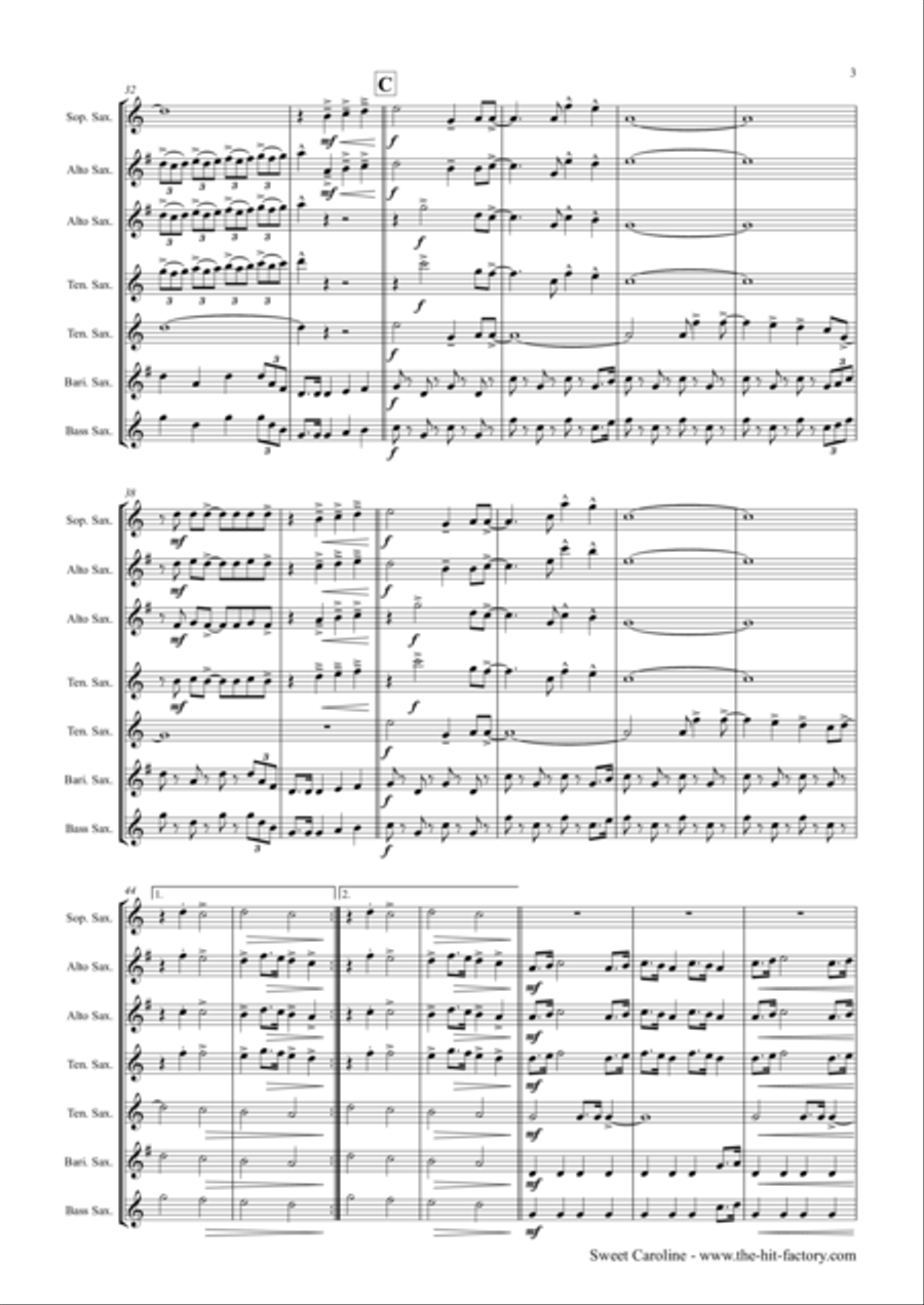 Sweet Caroline Saxophone Quintet scores gallery preview page 3