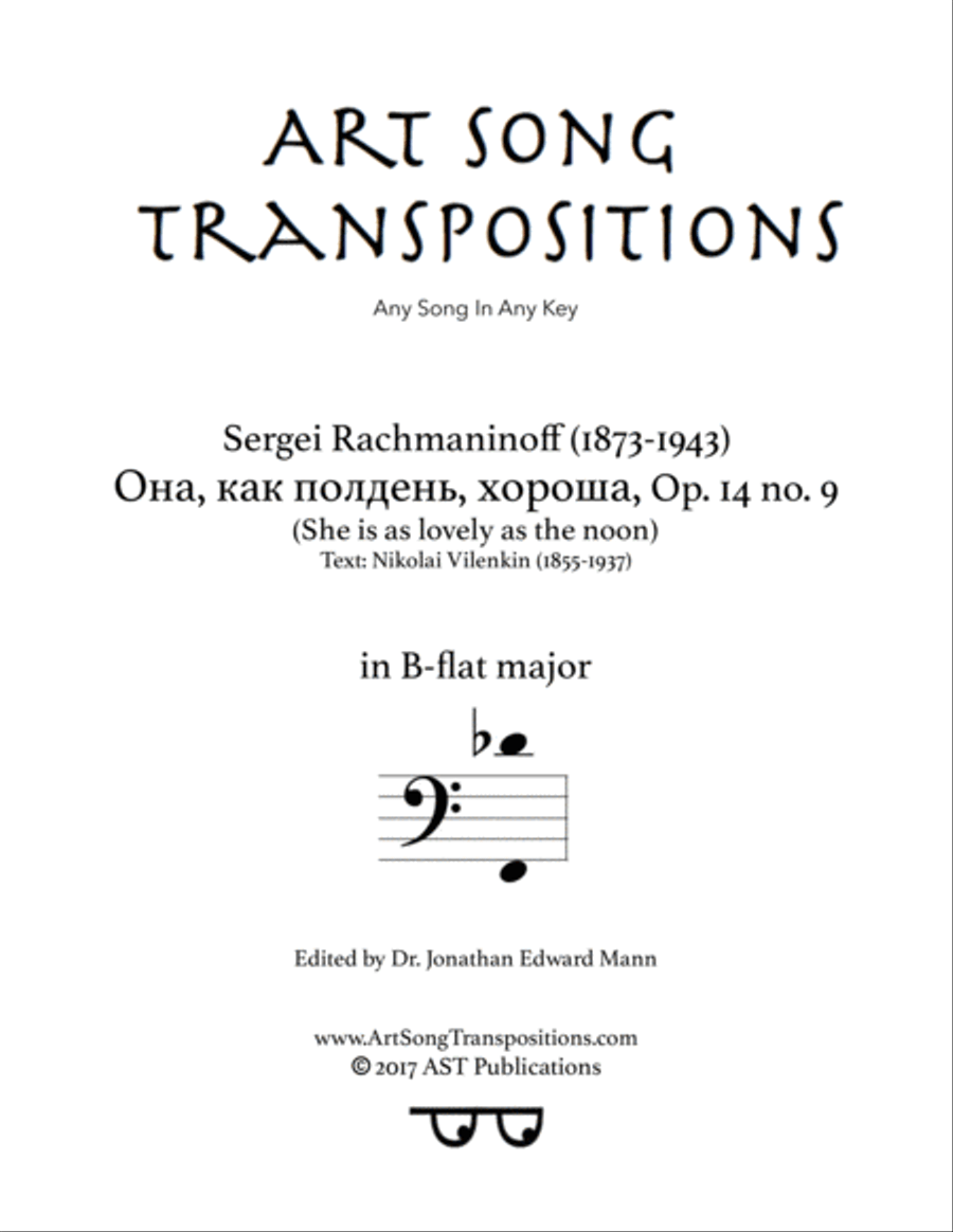 RACHMANINOFF: Она, как полдень, хороша, Op. 14 no. 9 (transposed to B-flat major, bass clef) Voice scores gallery preview page 1
