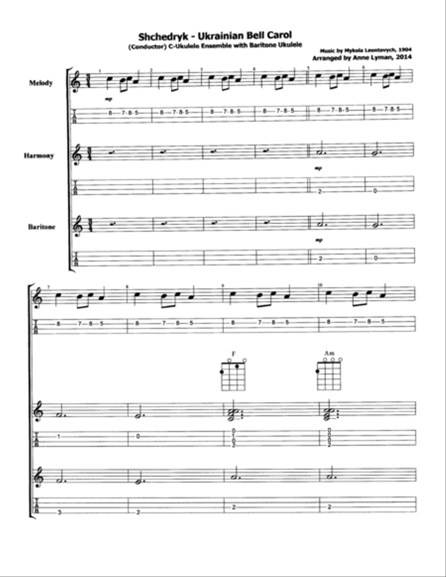 Shchedryk UKRAINIAN BELL CAROL (Carol Of The Bells instrumental) for UKULELE ENSEMBLE, notes & tabs Ukulele scores gallery preview page 3