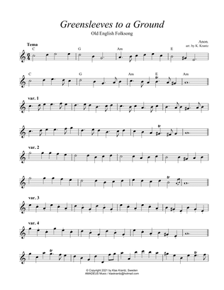 Greensleeves variations, lead sheet with guitar chords ( C Major)