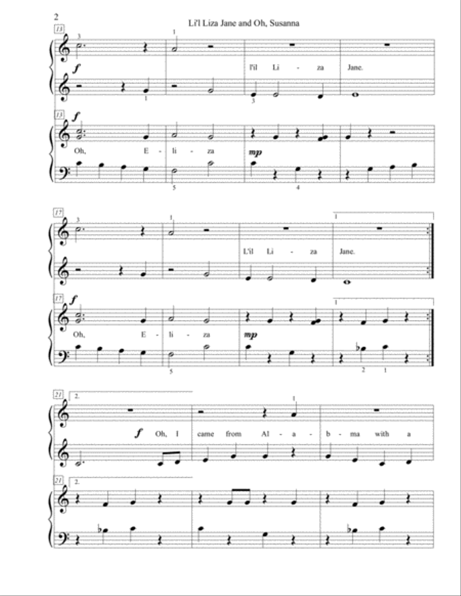 L'il Liza Jane and Oh, Susannah (EZ duet) Easy Piano scores gallery preview page 2