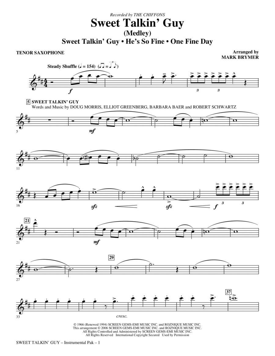 Sweet Talkin' Guy - Music Of The Chiffons (Medley) - Tenor Sax Choir scores gallery preview page 1