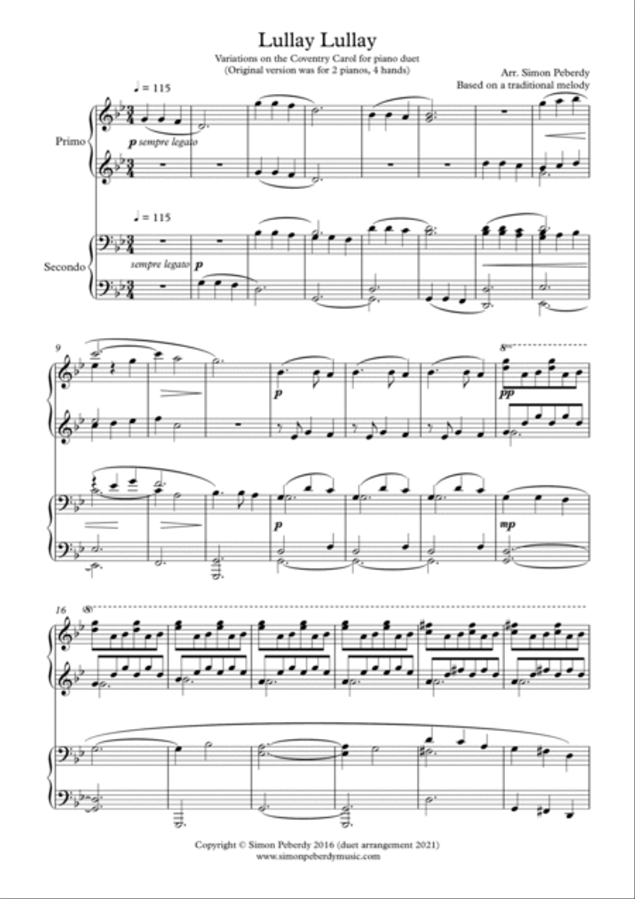 Lullay, Lullay; Christmas Carol Variations on the Coventry Carol, for Piano Duet Arr. Simon Peberdy image number null