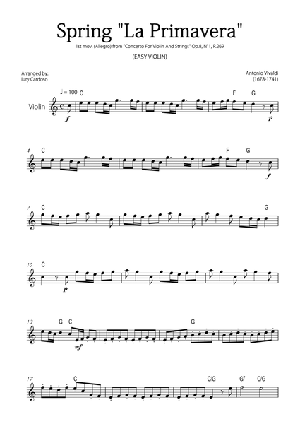 "Spring" (La Primavera) by Vivaldi - Easy version for VIOLIN SOLO image number null
