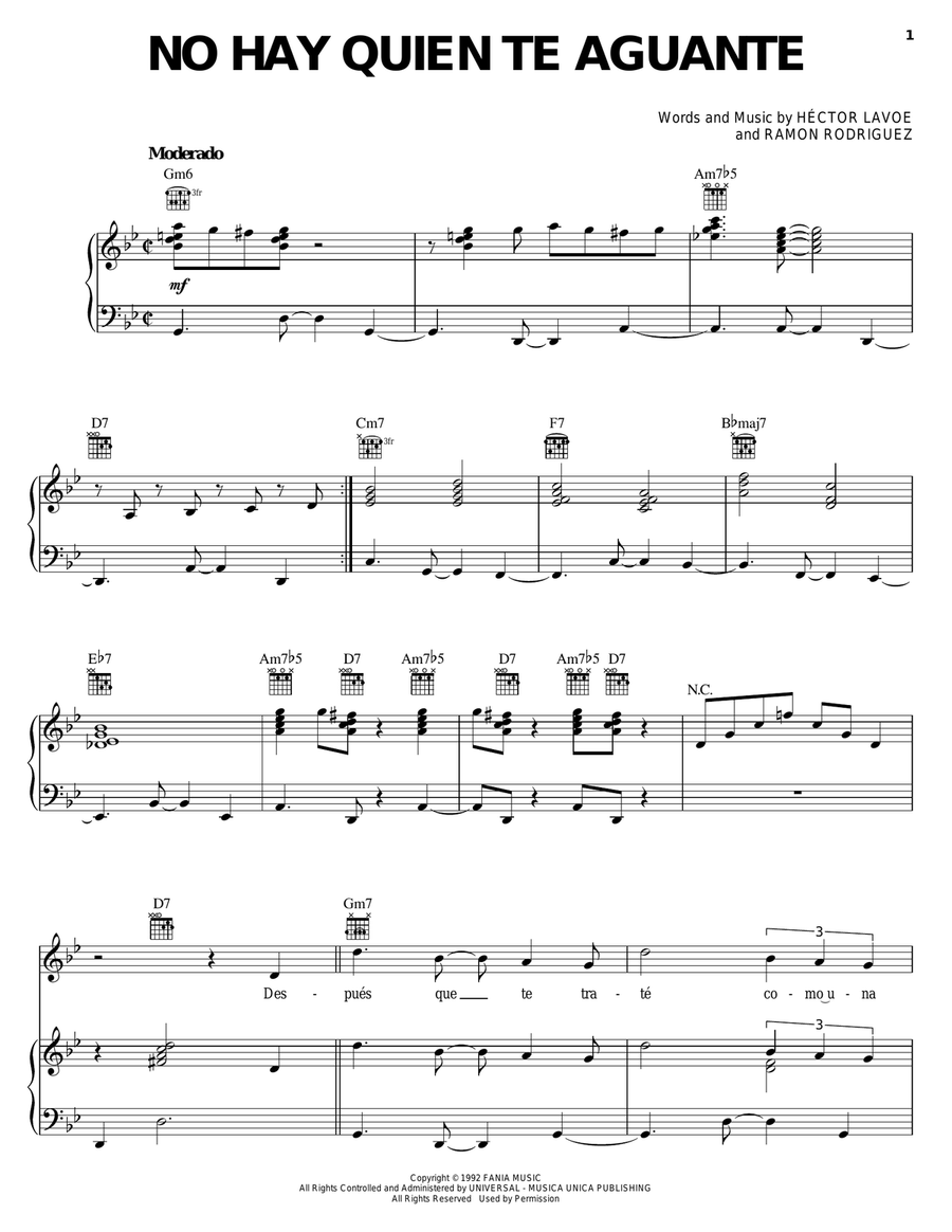 No Hay Quien Te Aguante Piano, Vocal, Guitar scores gallery preview page 1