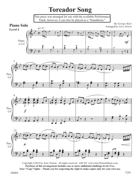 Toreador Song, The - Bizet (3 for 1 PIANO arrangements) image number null