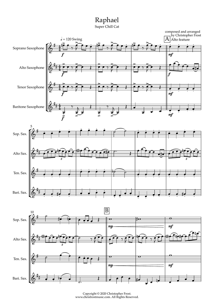 Raphael - Super Chill Cat from The Cat Suite (saxophone quartet - SATB) Saxophone Quartet scores gallery preview page 1
