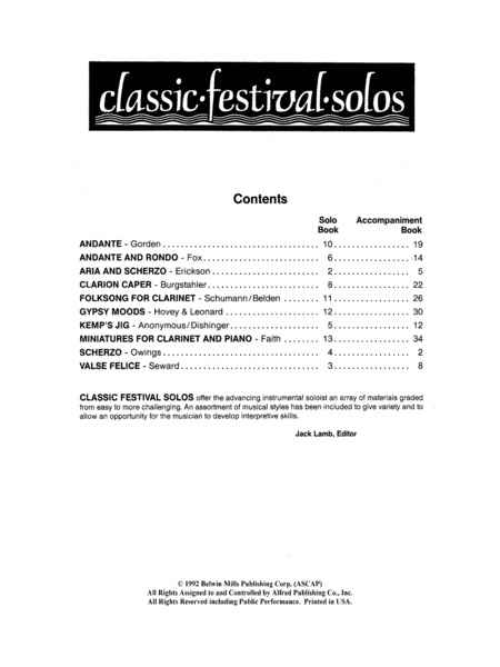 Classic Festival Solos (B-flat Clarinet), Volume 1