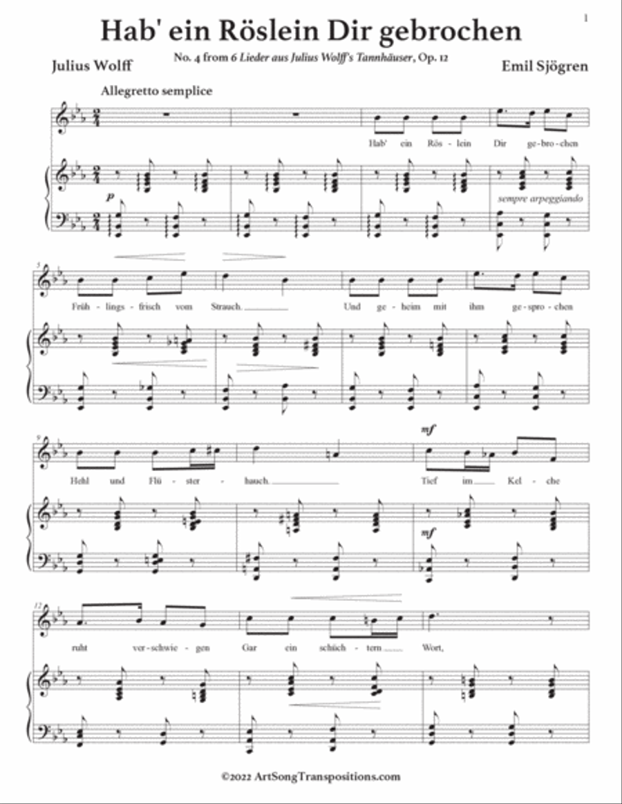 SJÖGREN: Hab’ ein Röslein Dir gebrochen, Op. 12 no. 4 (transposed to E-flat major) Voice scores gallery preview page 2
