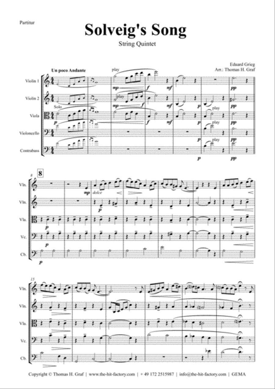 Solveig's Song - from Peer Gynt Suite - String Ouintet String Quartet scores gallery preview page 1