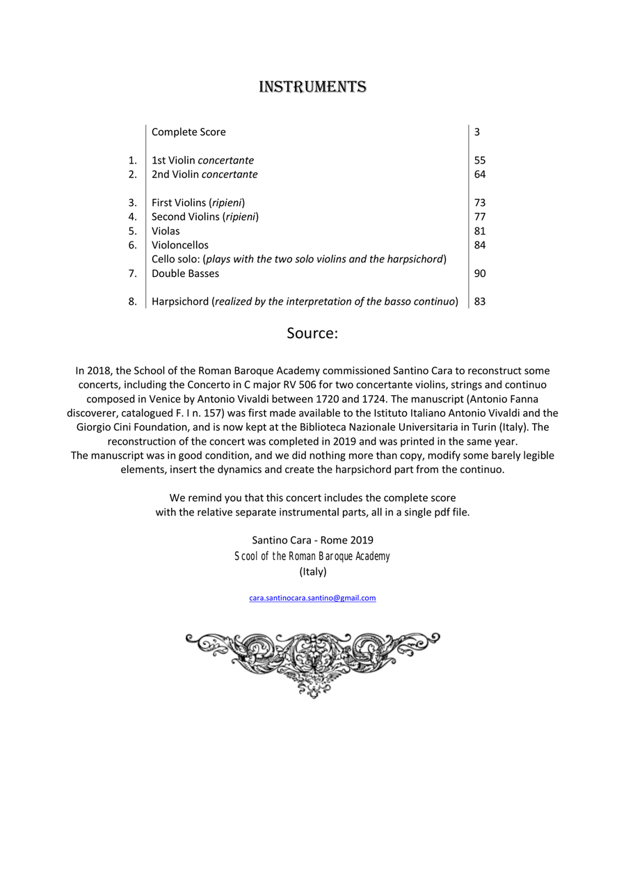 Vivaldi - Double Violin Concerto in C major RV 506 for Two Violins, Strings and Cembalo Chamber Orchestra scores gallery preview page 2