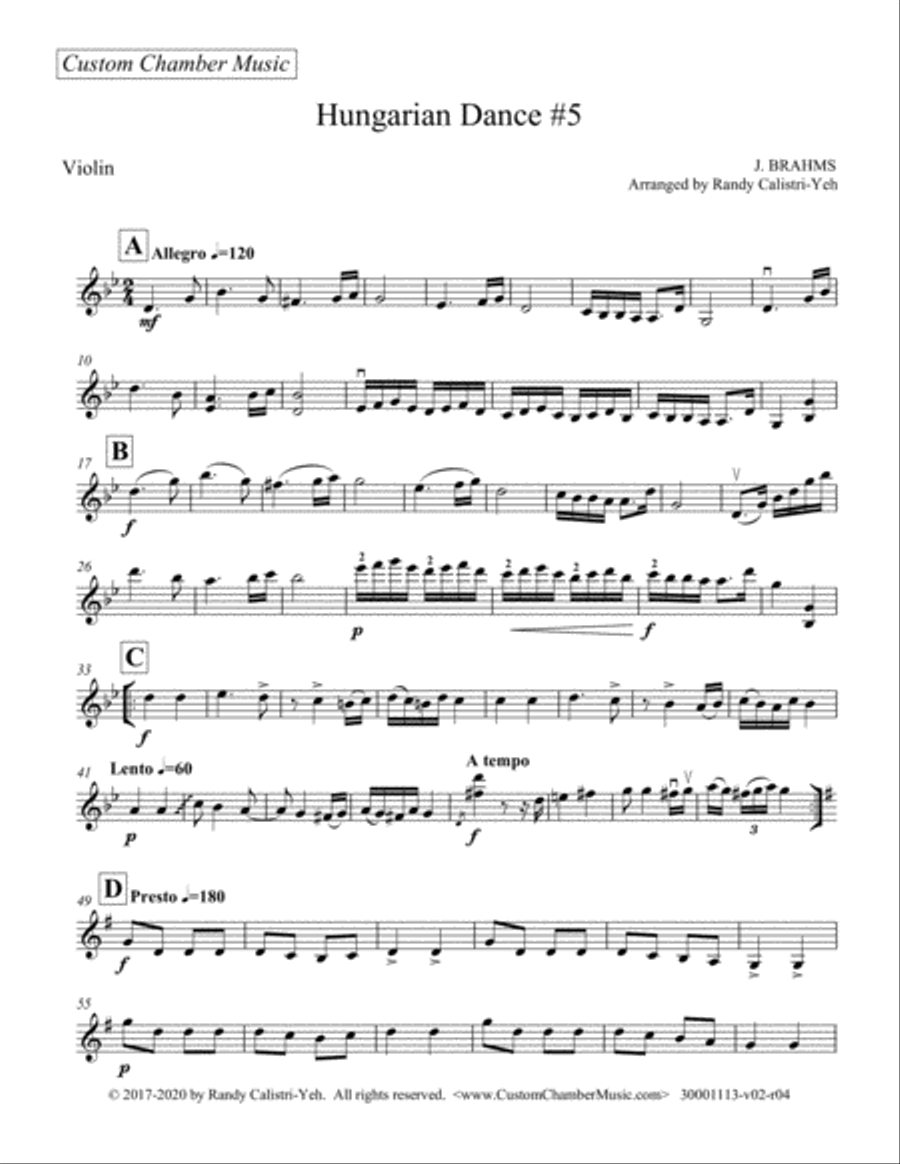 Brahms Hungarian Dance #5 (string duo/trio) String Trio scores gallery preview page 5