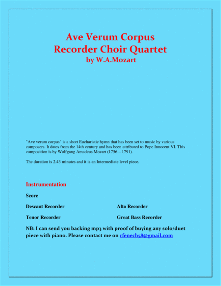 Ave Verum Corpus - Recorder Choir Quartet - Intermediate level Recorder scores gallery preview page 2