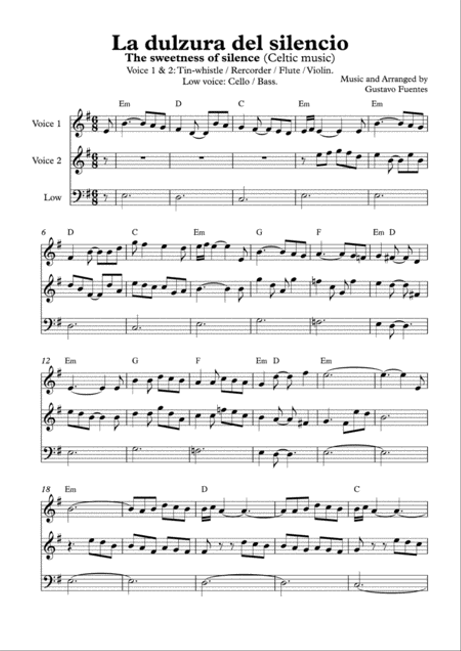 La dulzura del silencio (The Sweetness of Silence), Celtic song by Gustavo Fuentes Small Ensemble scores gallery preview page 2
