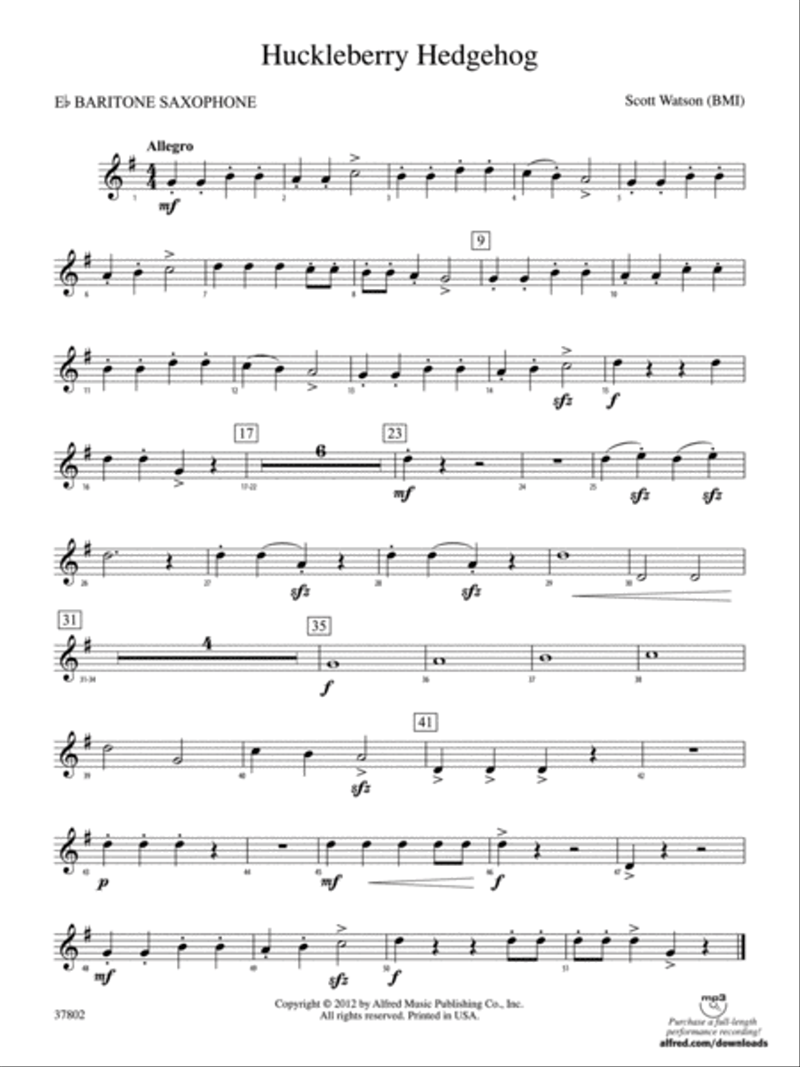 Huckleberry Hedgehog: E-flat Baritone Saxophone Concert Band scores gallery preview page 1