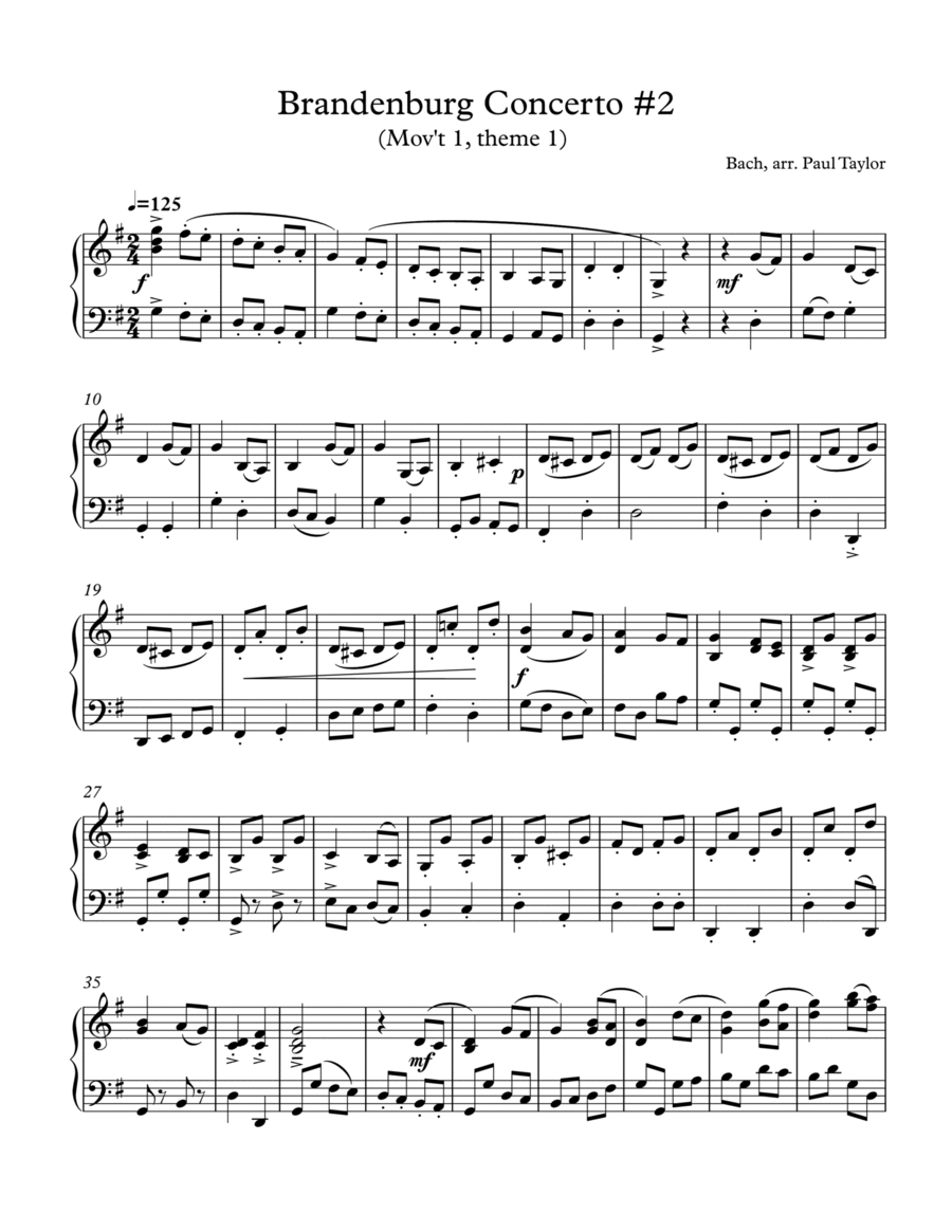 Brandenburg Concerto #2 (1st mov't, theme 1) Piano Solo scores gallery preview page 1