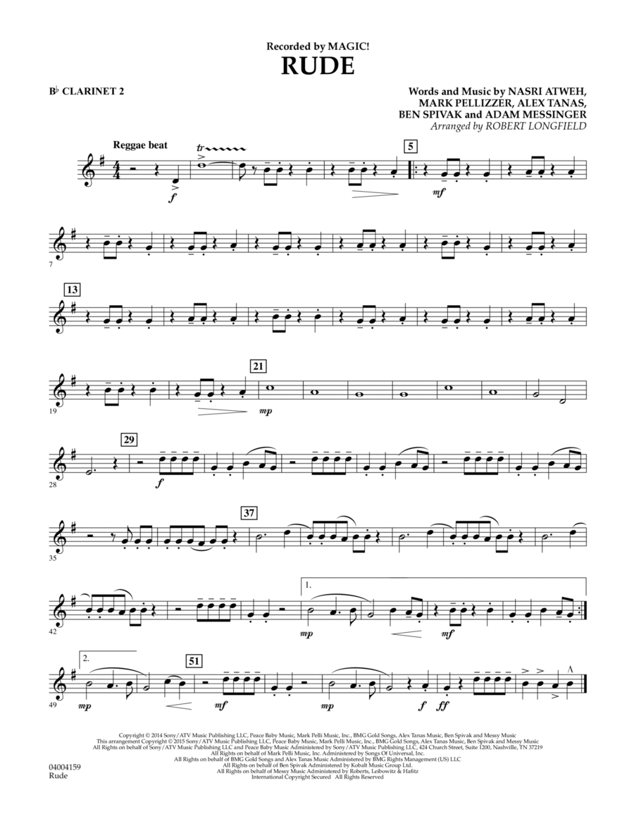 Rude - Bb Clarinet 2 Concert Band scores gallery preview page 1
