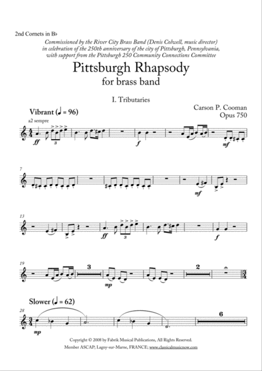 Carson Cooman: Pittsburgh Rhapsody (2008) for brass band, 2nd cornet part Brass Band scores gallery preview page 1
