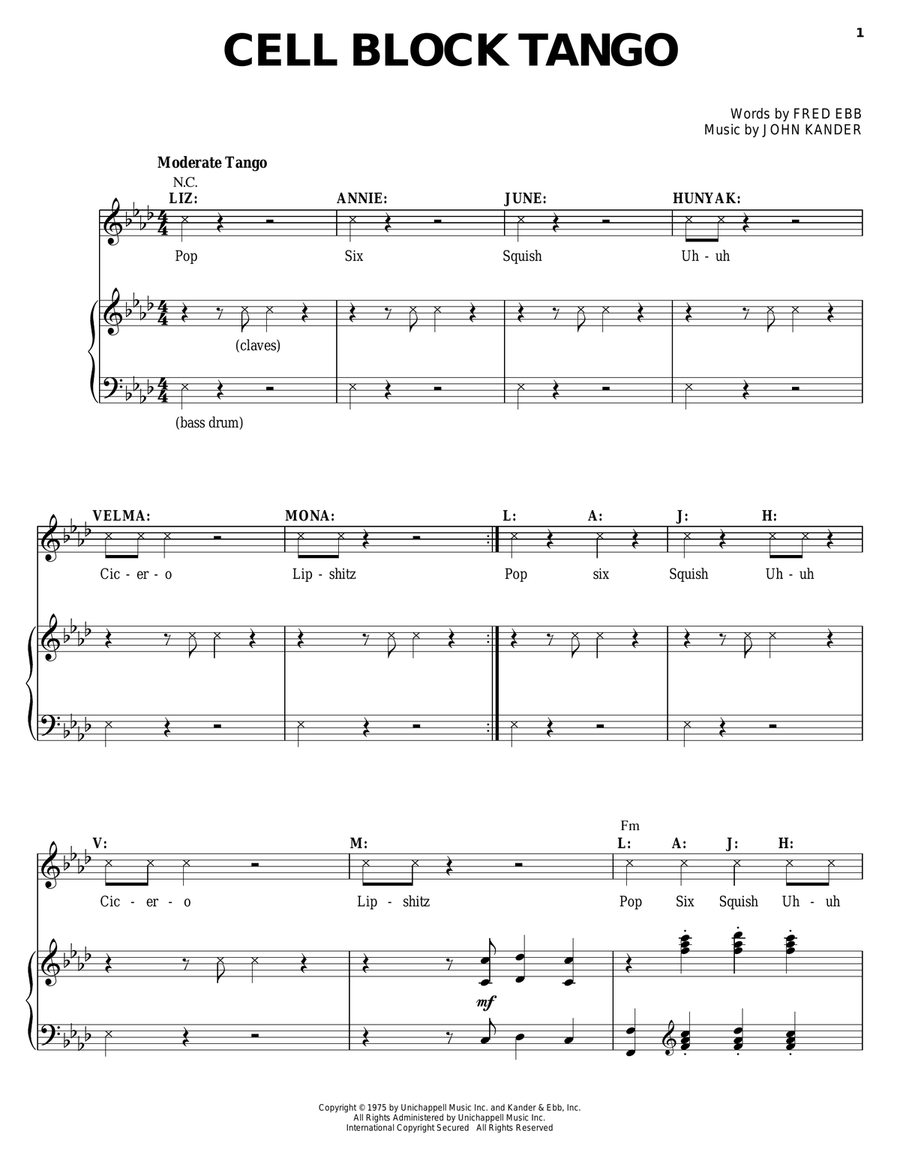 Cell Block Tango Piano, Vocal scores gallery preview page 1