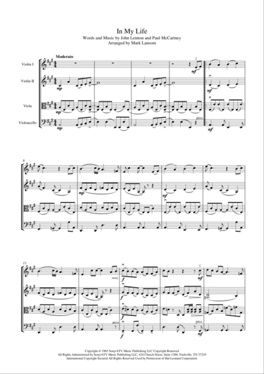 In My Life String Quartet scores gallery preview page 1
