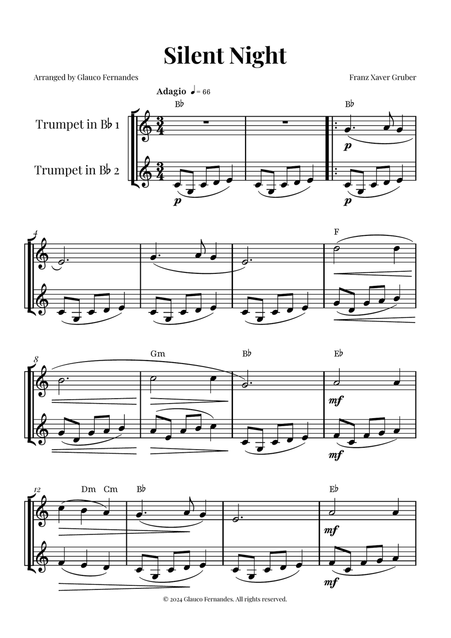 Silent Night | BEAUTIFUL Arrangement Trumpet Duet scores gallery preview page 1