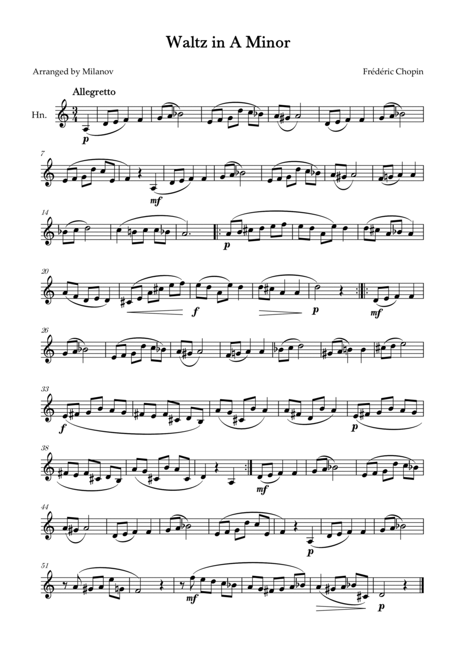 Waltz in A Minor | B. 150, Op. Posth. | Chopin | French Horn Horn Solo scores gallery preview page 1