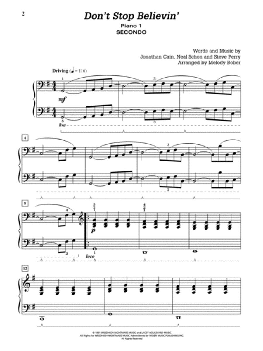 Don't Stop Believin': by Journey - Piano Quartet (2 Pianos, 8 Hands) Cello scores gallery preview page 1