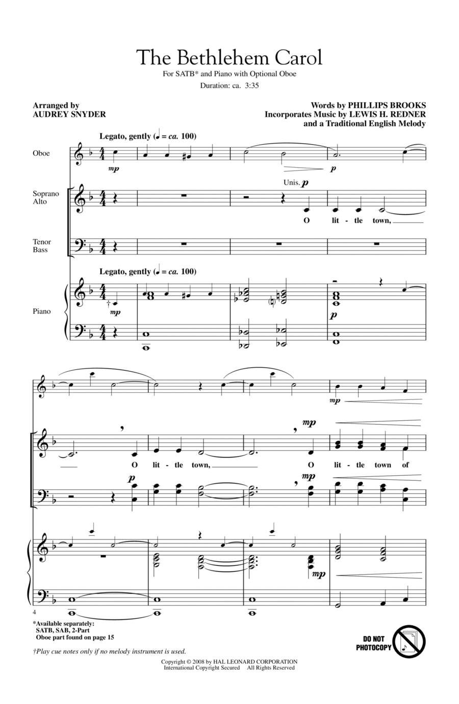 The Bethlehem Carol The Bethlehem Carol 4-Part scores gallery preview page 1