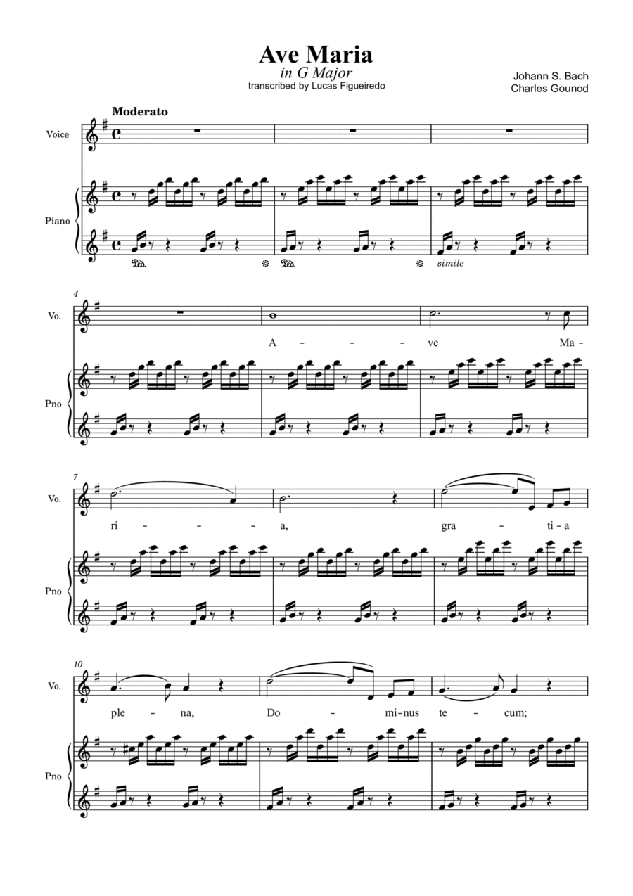 Ave Maria (Bach-Gounod) in G Major for Piano and Voice Voice scores gallery preview page 1