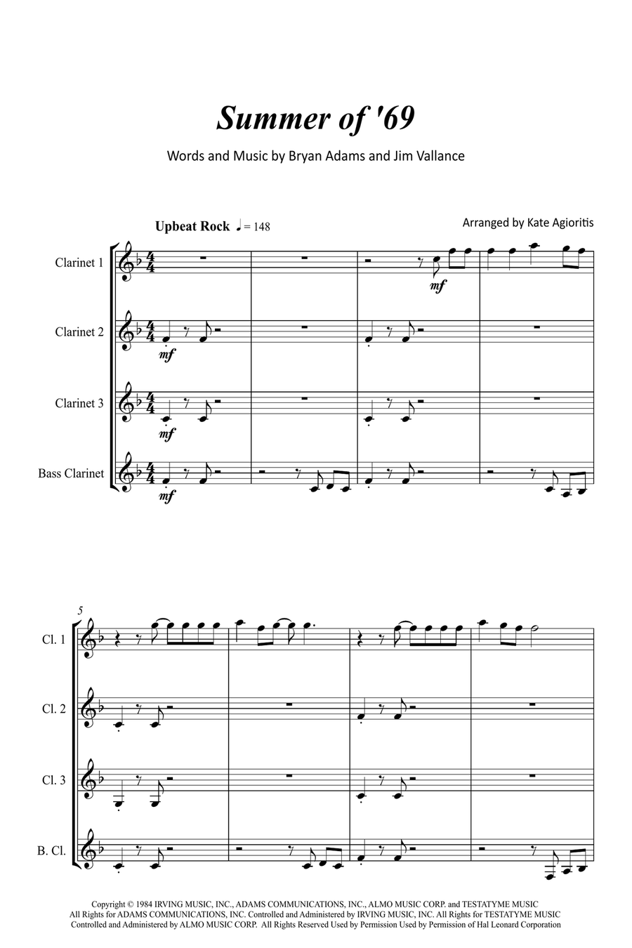 Summer Of '69 Clarinet Quartet scores gallery preview page 2