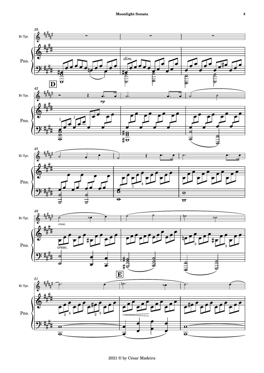 Moonlight Sonata by Beethoven 1 mov. - Bb Trumpet and Piano (Full Score and Parts) B-Flat Trumpet scores gallery preview page 5